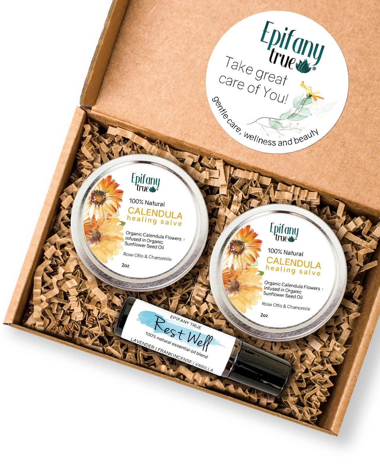 100% Natural Healing Calendula Salve 2oz and Rest Well Essential Oil Roll-on 0.33oz 3-Piece Gift Set