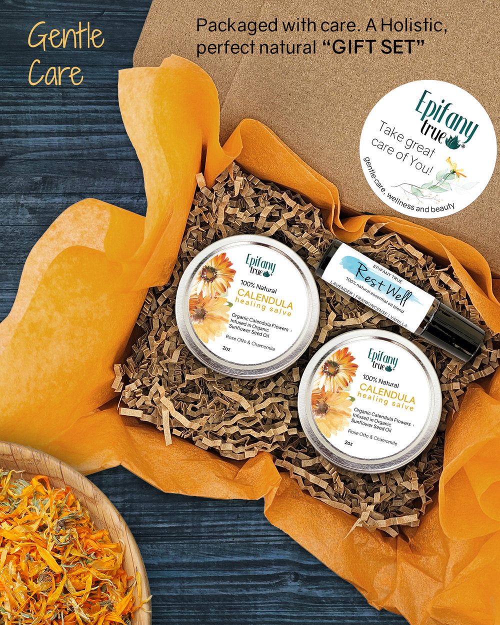 100% Natural Healing Calendula Salve 2oz and Rest Well Essential Oil Roll-on 0.33oz 3-Piece Gift Set