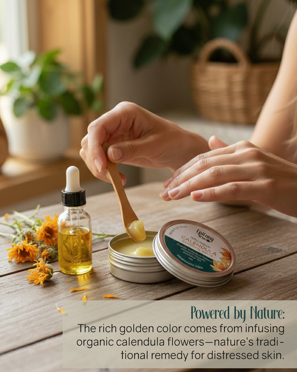 Person applying Epifany true fragrance-free Calendula Soothing Salve 2oz, from a wooden spoon with a bottle of oil and a container on a wooden surface.