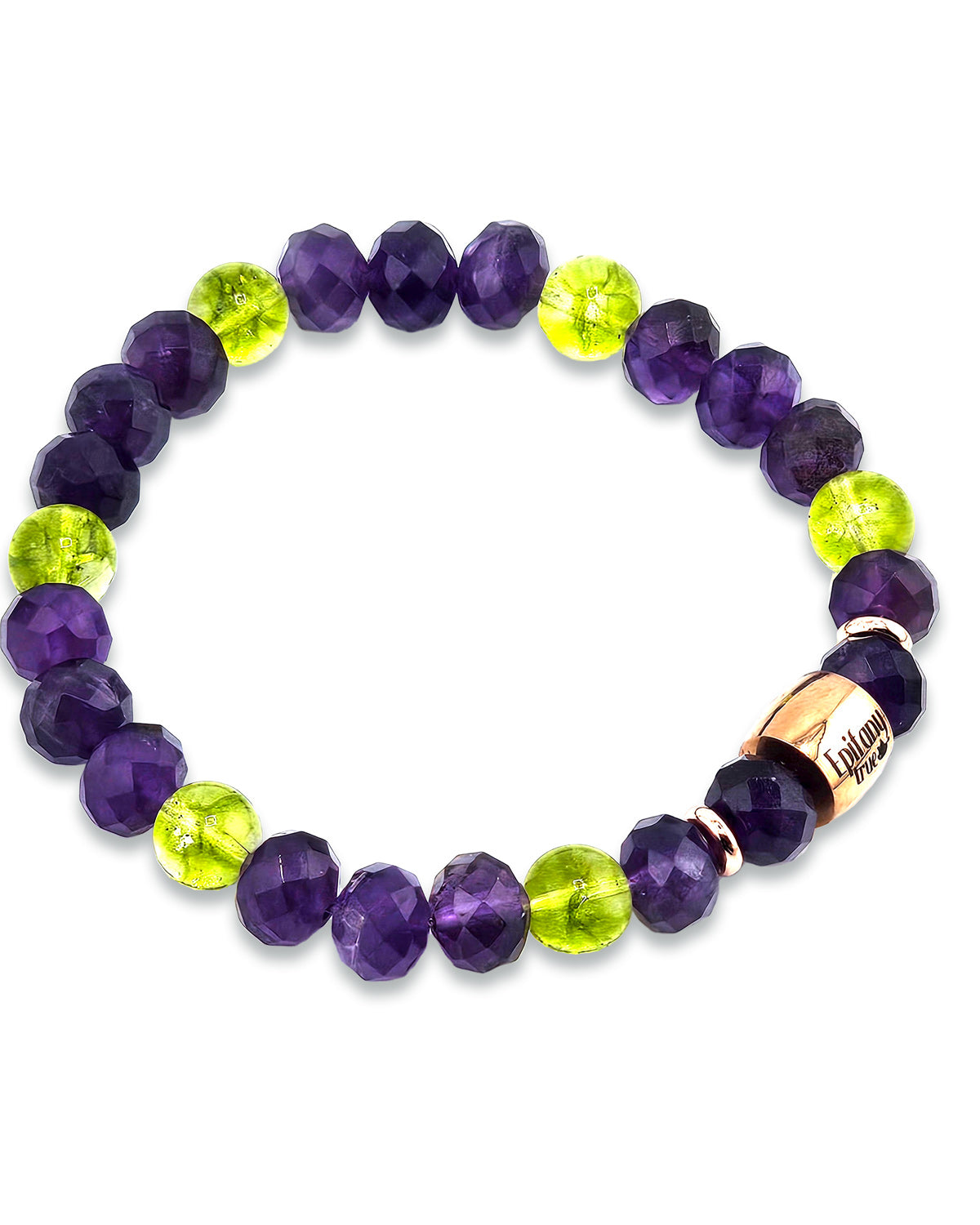 Cherish Peridot and Amethyst Sister-Friend Natural Gemstone Wellness and Affirmation stretch bracelet 7.25 inches, Rose Gold Findings, Infinity Symbol