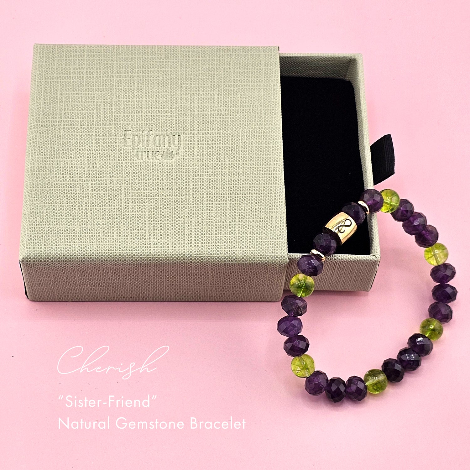 Cherish Peridot and Amethyst Sister-Friend Natural Gemstone Wellness and Affirmation stretch bracelet 7.25 inches, Rose Gold Findings, Infinity Symbol