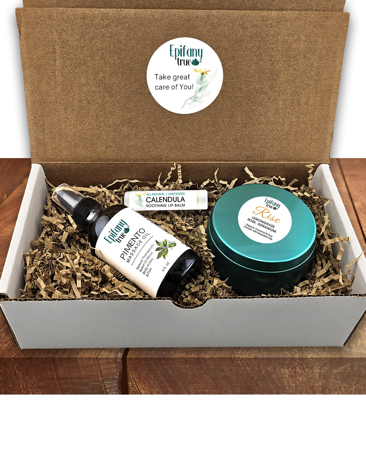 Pimento Massage Oil 4oz, Calendula Soothing Lip Balm, Rise Coconut Soy Candle with Essential Oils, Self-Care Gift 3-Piece Bundle