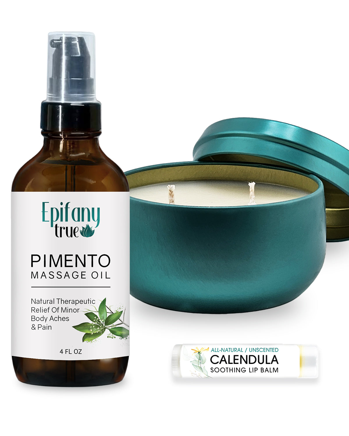 Pimento Massage Oil 4oz, Calendula Soothing Lip Balm, Rise Coconut Soy Candle with Essential Oils, Self-Care Gift 3-Piece Bundle