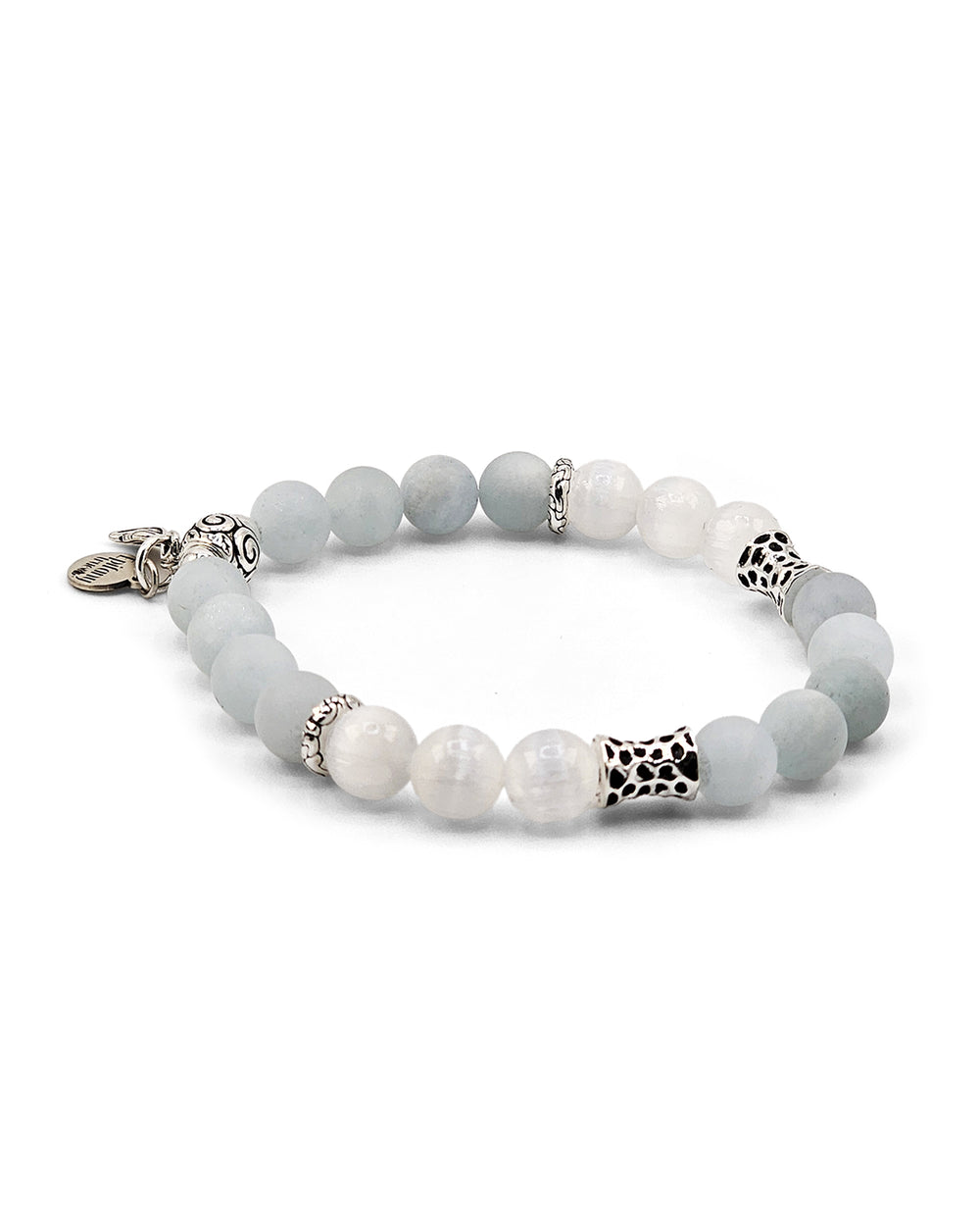 Pure Calm Healing Intention Bracelet with Natural Aquamarine, Selenite and 925 Sterling Silver 7 inch
