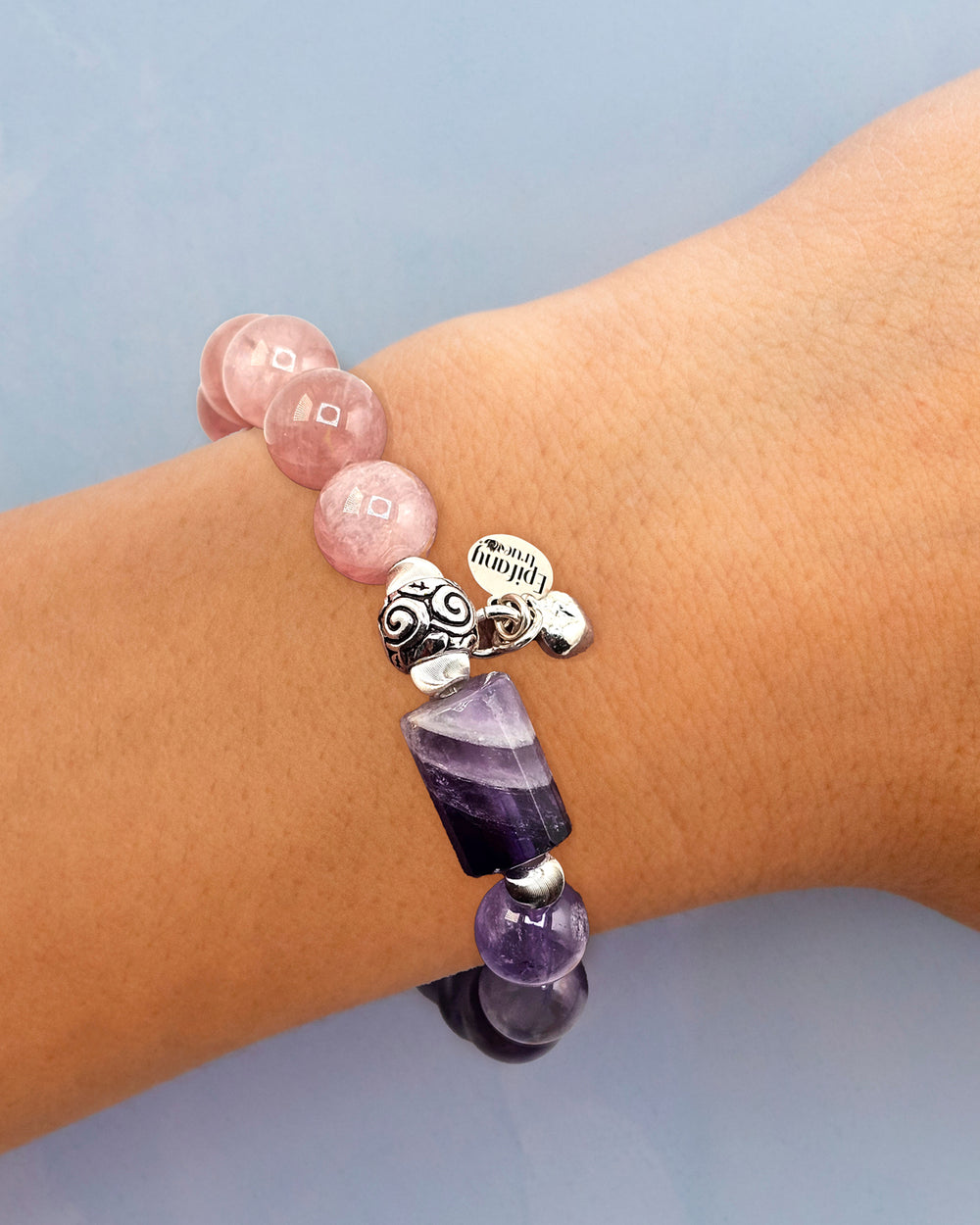 Strong Love Healing Intention Bracelet with Amethyst, Madagascar Rose Quartz and 925 Sterling Silver 7 inch