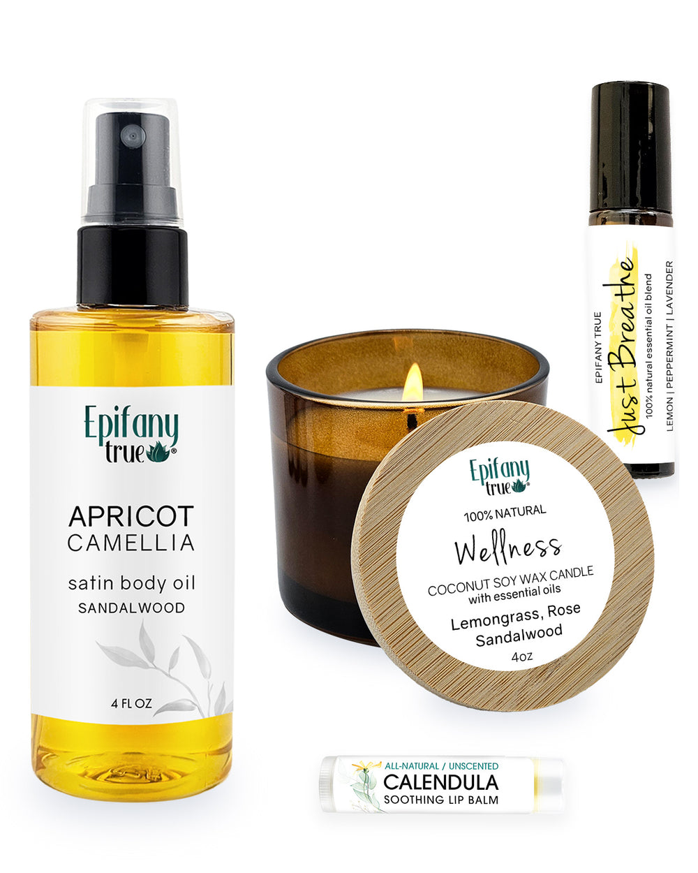 Epifany True Apricot & Camellia Satin Body Oil 4oz Wellness Gift Set with Scented Coconut Soy Wax Candle, Calendula Lip Balm and Essential Oil Roll-On