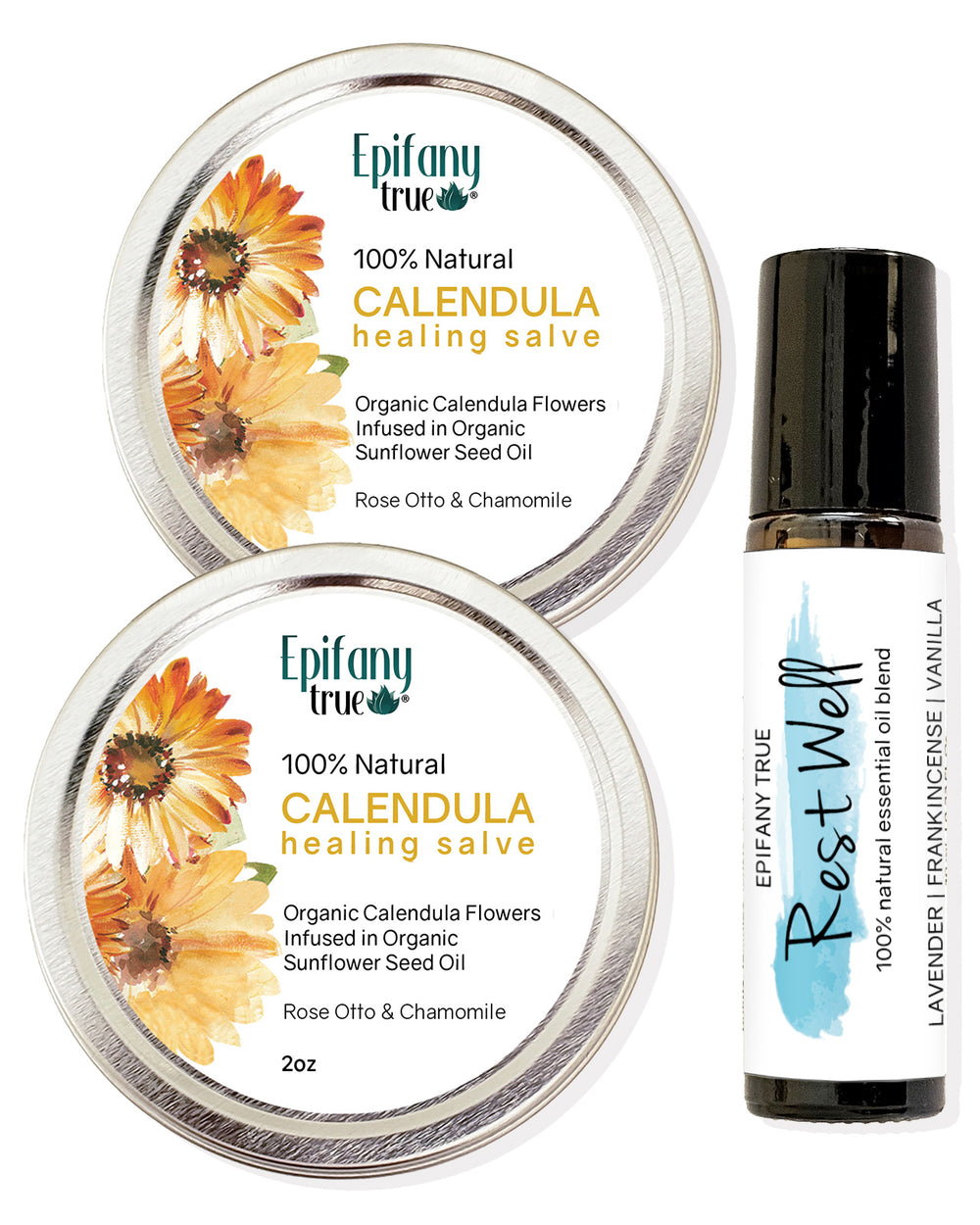 100% Natural Healing Calendula Salve 2oz and Rest Well Essential Oil Roll-on 0.33oz 3-Piece Gift Set