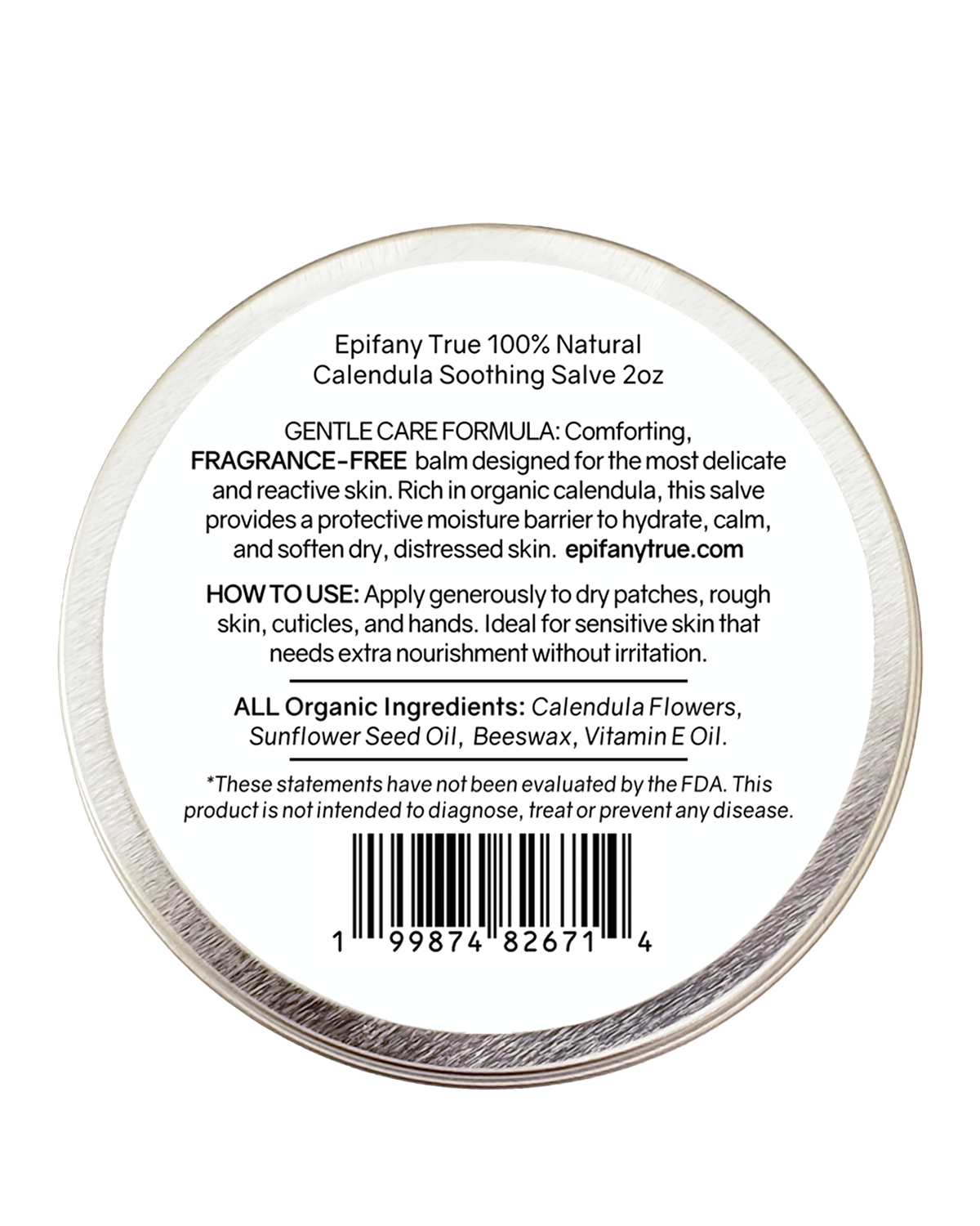 Back label of Epifany True Fragrance-Free Calendula Soothing Salve container