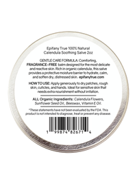 Back label of Epifany True Fragrance-Free Calendula Soothing Salve container