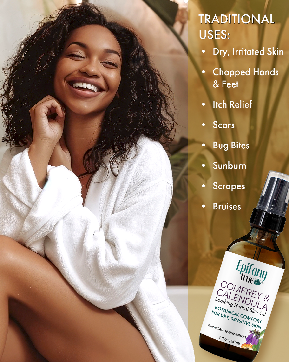 Woman in a white robe with Epifany True Comfrey & Calendula Herbal Oil -self-care concept