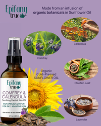 Epifany True Comfrey & Calendula Soothing Herbal Oil infographic - organic ingredients