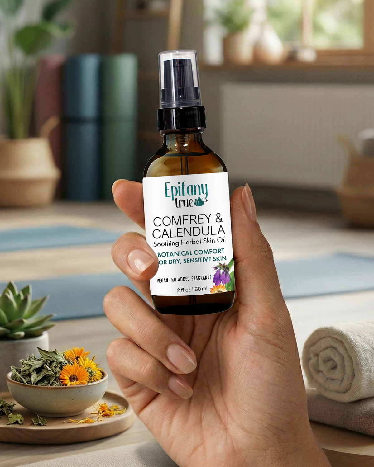 Epifany True Comfrey and Calendula Soothing Herbal Skin Oil 2oz lifestyle held by female hand