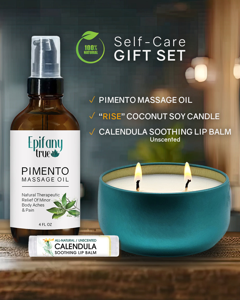 Pimento Massage Oil 4oz, Calendula Soothing Lip Balm, Rise Coconut Soy Candle with Essential Oils, Self-Care Gift 3-Piece Bundle