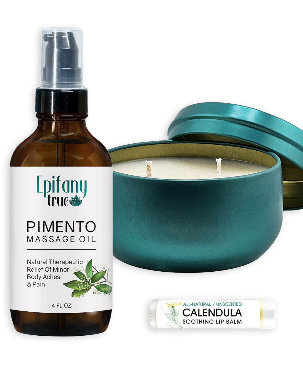 Pimento Massage Oil 4oz, Calendula Soothing Lip Balm, Rise Coconut Soy Candle with Essential Oils, Self-Care Gift 3-Piece Bundle