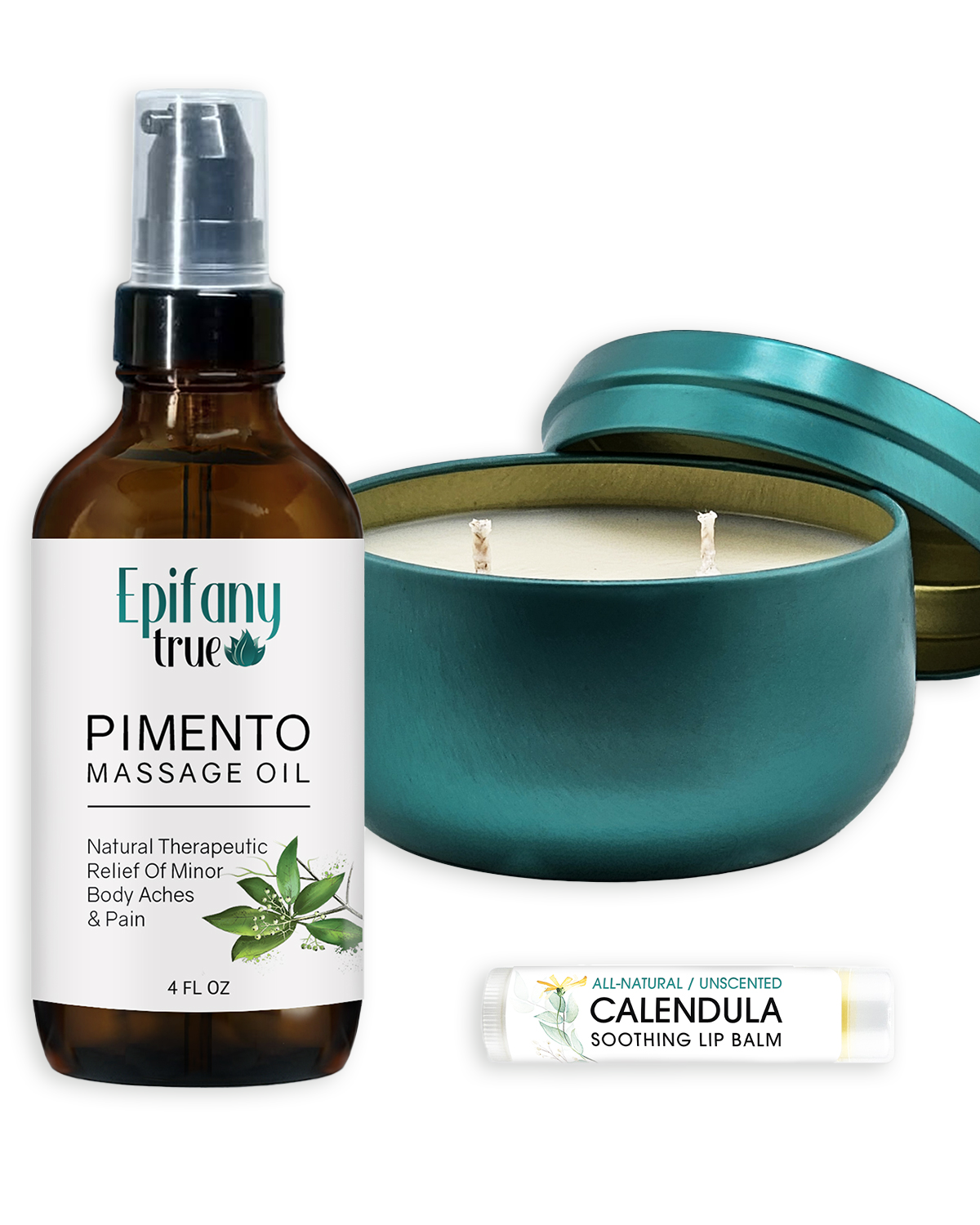 Pimento Massage Oil 4oz, Calendula Soothing Lip Balm, Rise Coconut Soy Candle with Essential Oils, Self-Care Gift 3-Piece Bundle