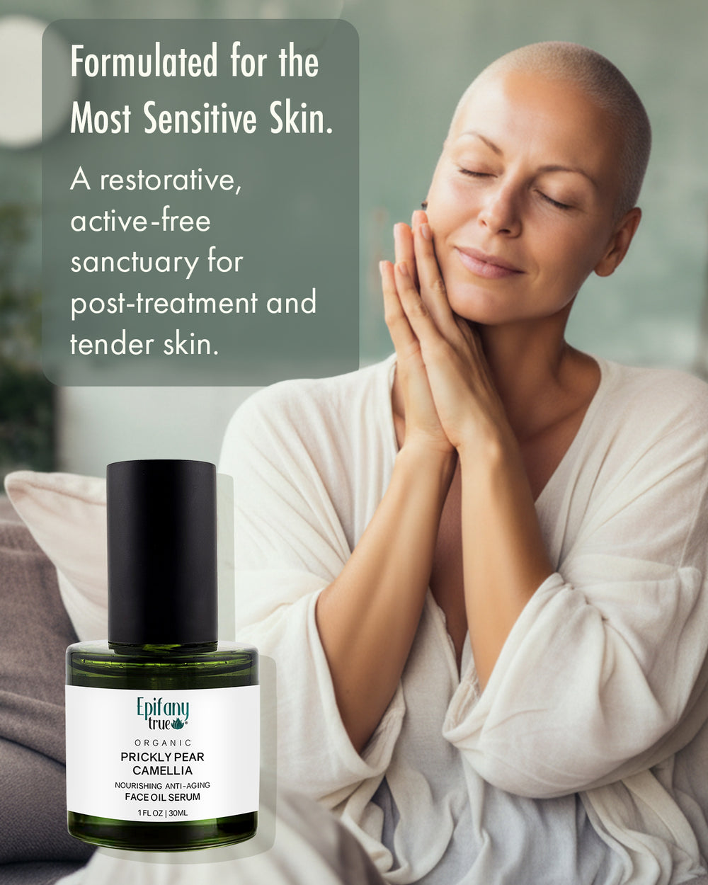 A woman with a shaved head finds peace, representing the gentle restorative care of Epifany True for sensitive skin and chemotherapy recovery.