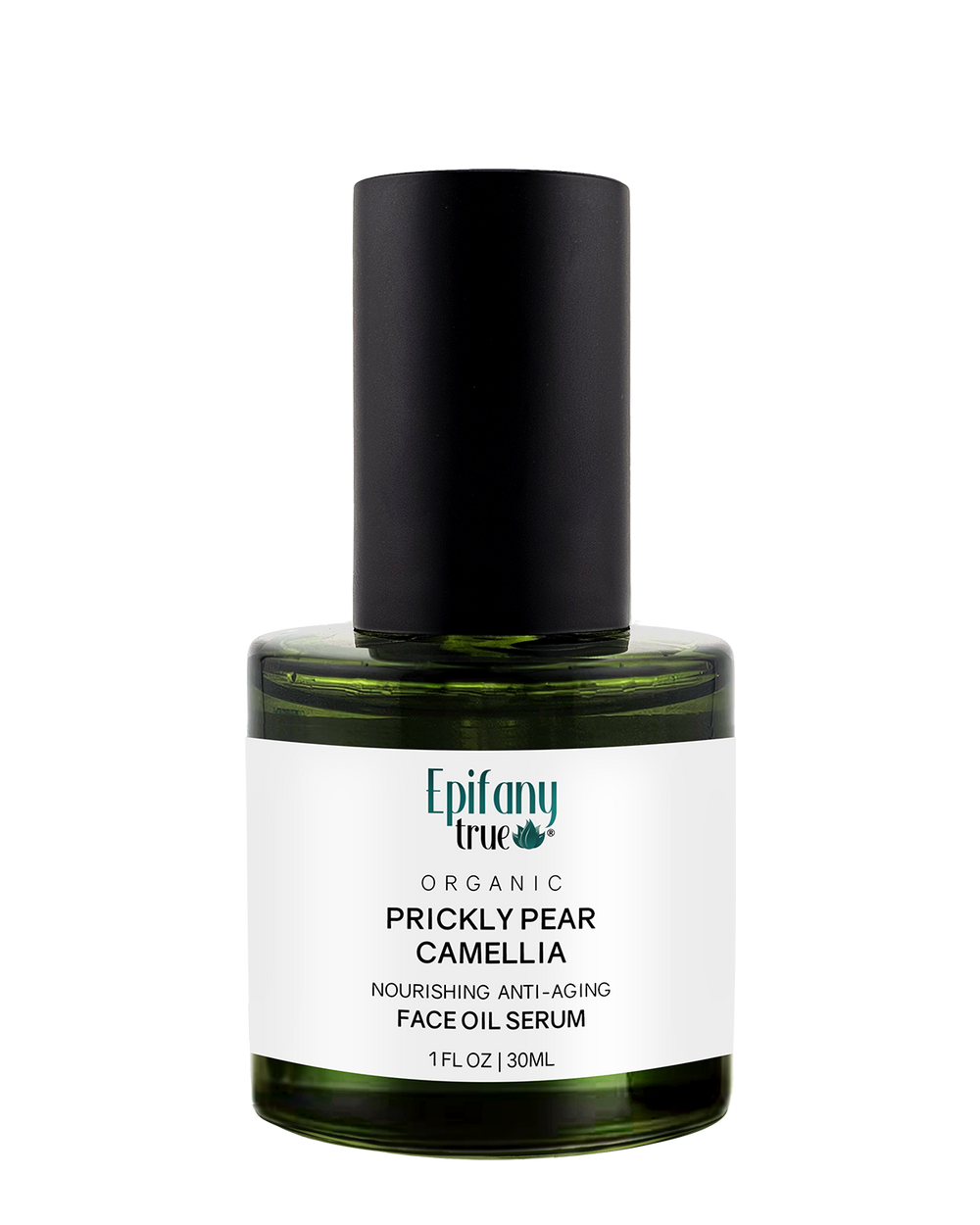Epifany True Organic Prickly Pear and Camellia Face Oil Serum in a premium 1oz green glass bottle with a black treatment pump.