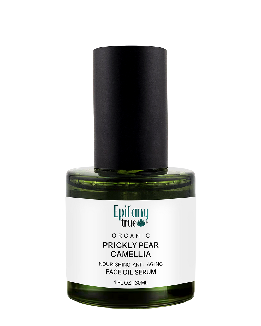 Epifany True Organic Prickly Pear and Camellia Face Oil Serum in a premium 1oz green glass bottle with a black treatment pump.