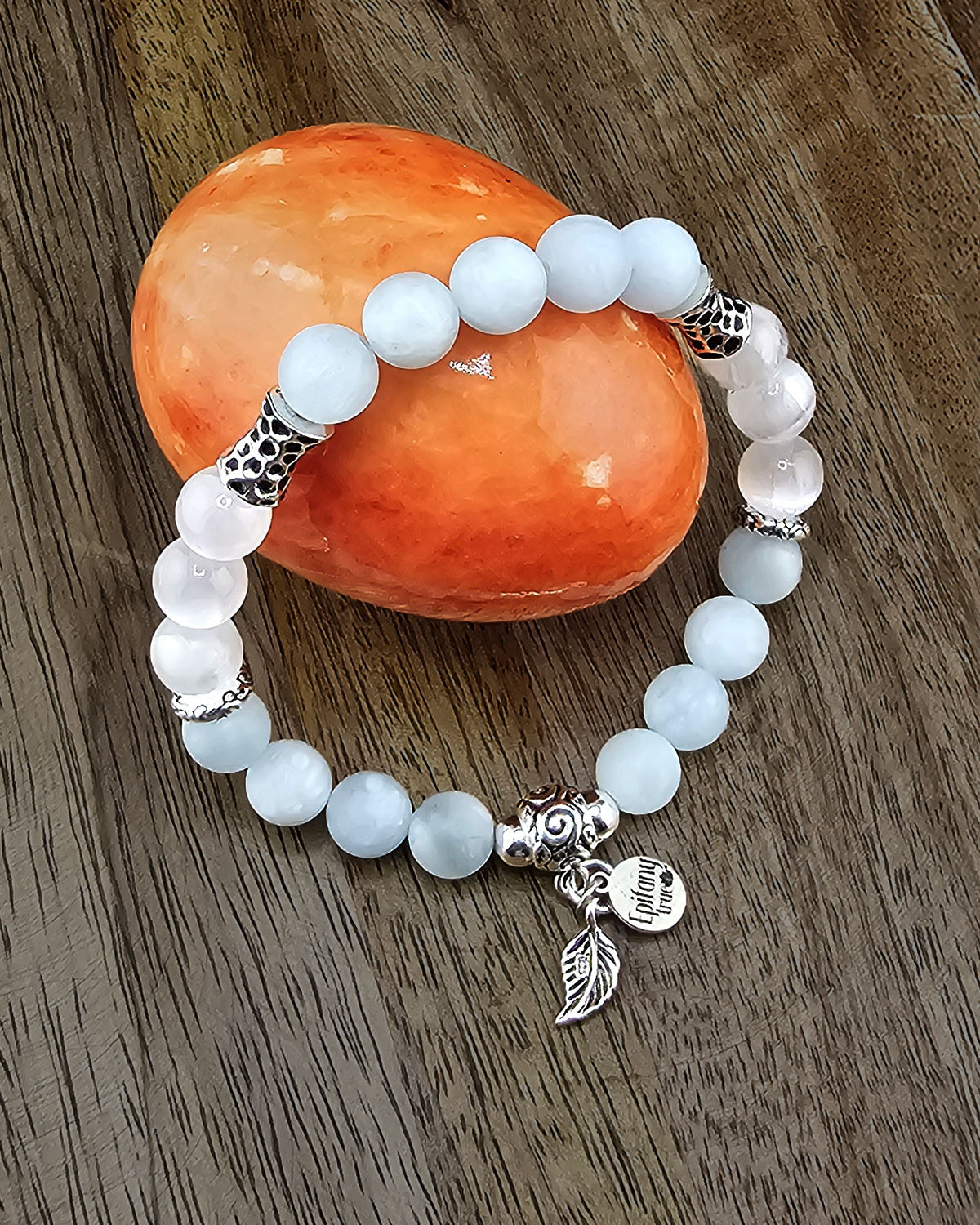 Pure Calm Healing Intention Bracelet with Natural Aquamarine, Selenite and 925 Sterling Silver 7 inch