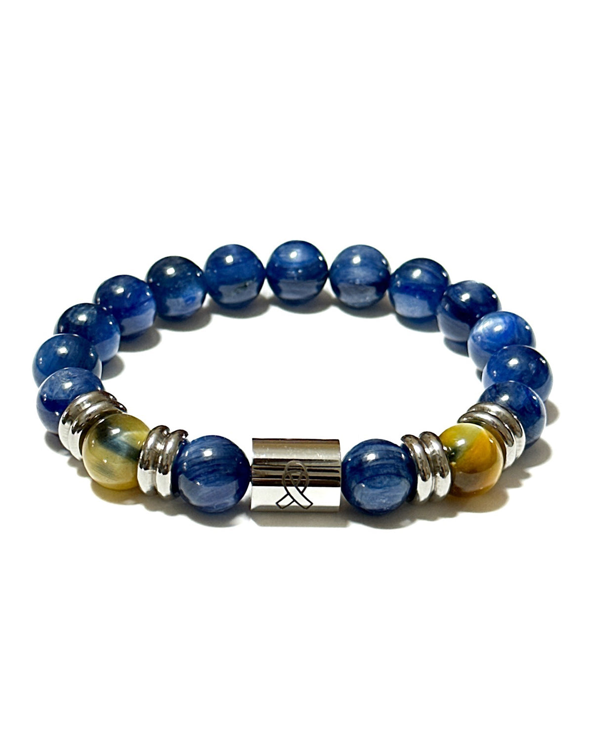 Resilience Cancer Awareness Wellness Healing Intention Unisex Bracelet with Blue Kyanite, Golden Tiger's Eye, Stainless Steel 7.5 inch