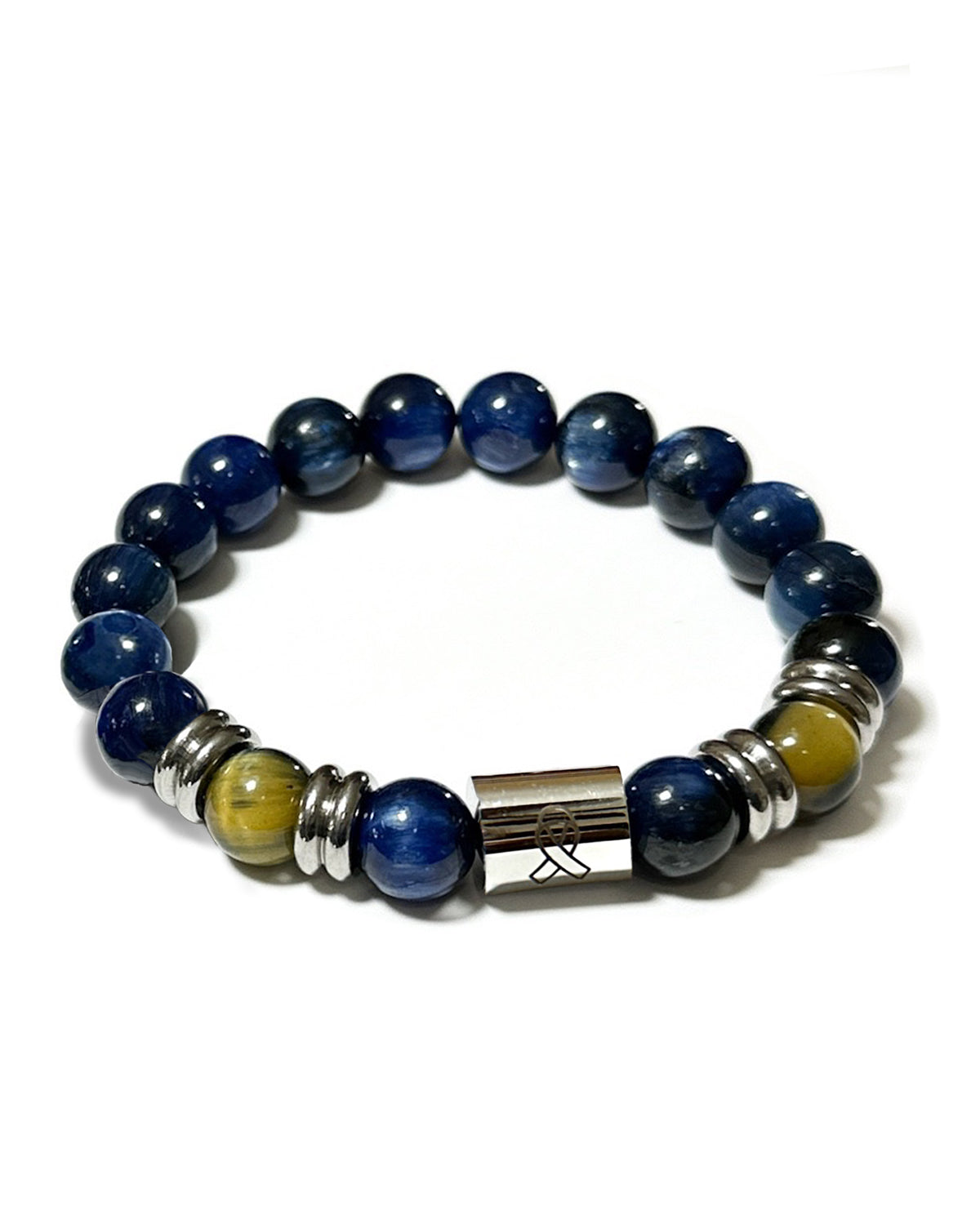Resilience Cancer Awareness Wellness Healing Intention Unisex Bracelet with Blue Kyanite, Golden Tiger's Eye, Stainless Steel 7.5 inch