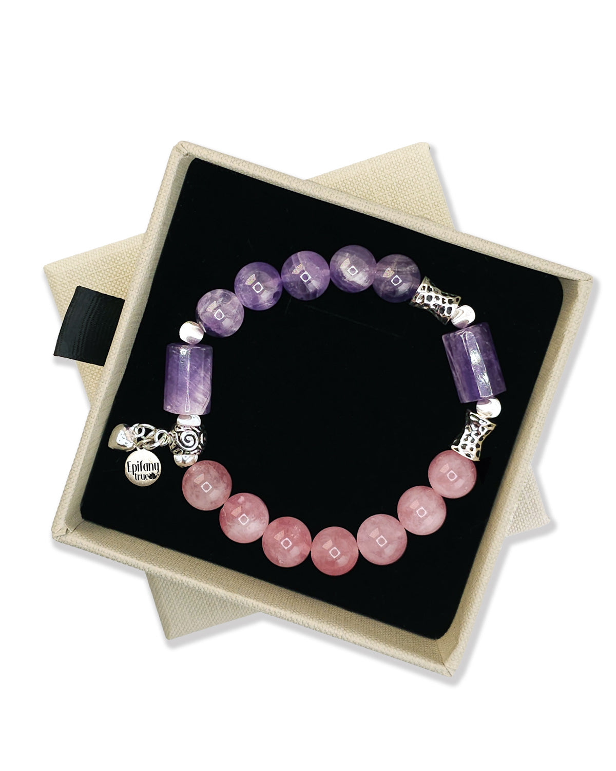 Strong Love Healing Intention Bracelet with Amethyst, Madagascar Rose Quartz and 925 Sterling Silver 7 inch