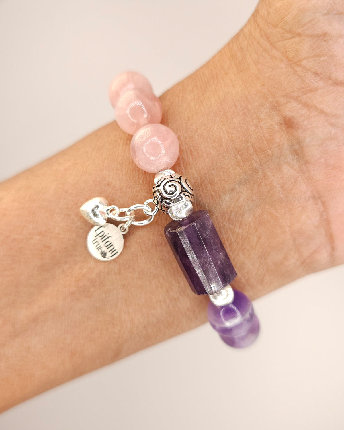 Strong Love Healing Intention Bracelet with Amethyst, Madagascar Rose Quartz and 925 Sterling Silver 7 inch
