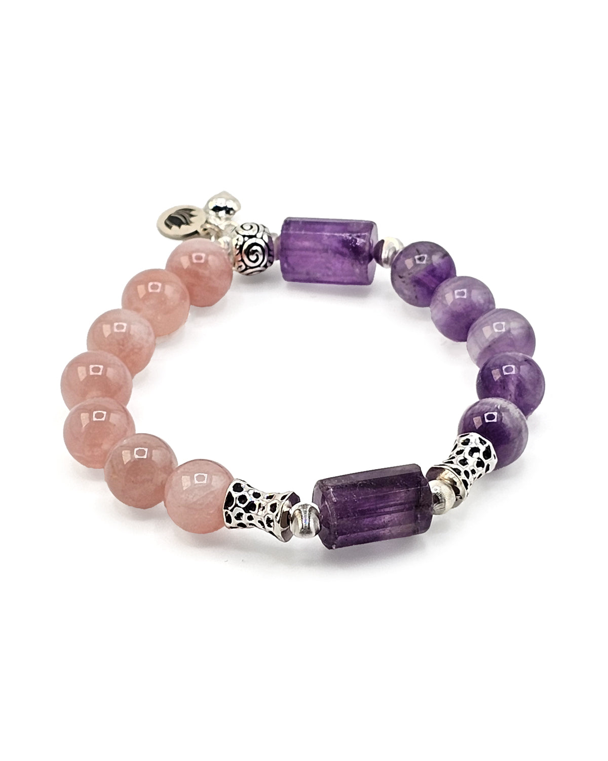 Strong Love Healing Intention Bracelet with Amethyst, Madagascar Rose Quartz and 925 Sterling Silver 7 inch font view
