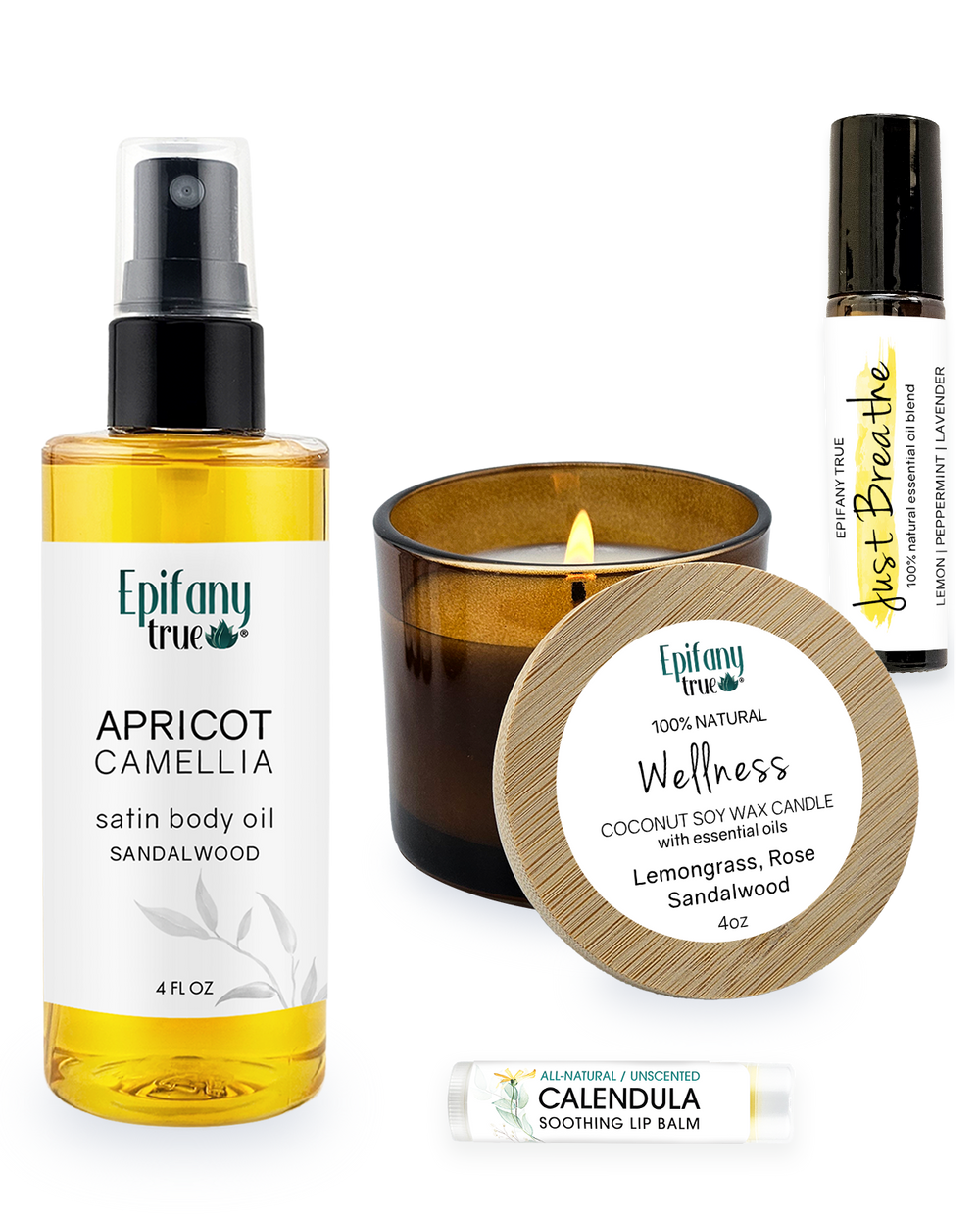 Epifany True Apricot & Camellia Satin Body Oil 4oz Wellness Gift Set with Scented Coconut Soy Wax Candle, Calendula Lip Balm and Essential Oil Roll-On