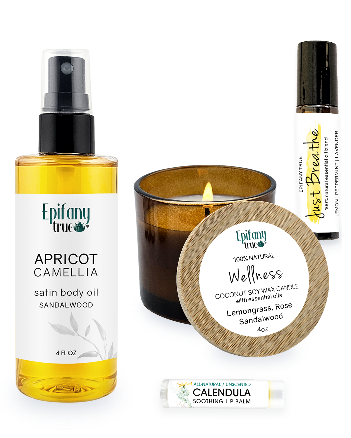 Epifany True Apricot & Camellia Satin Body Oil 4oz Wellness Gift Set with Scented Coconut Soy Wax Candle, Calendula Lip Balm and Essential Oil Roll-On