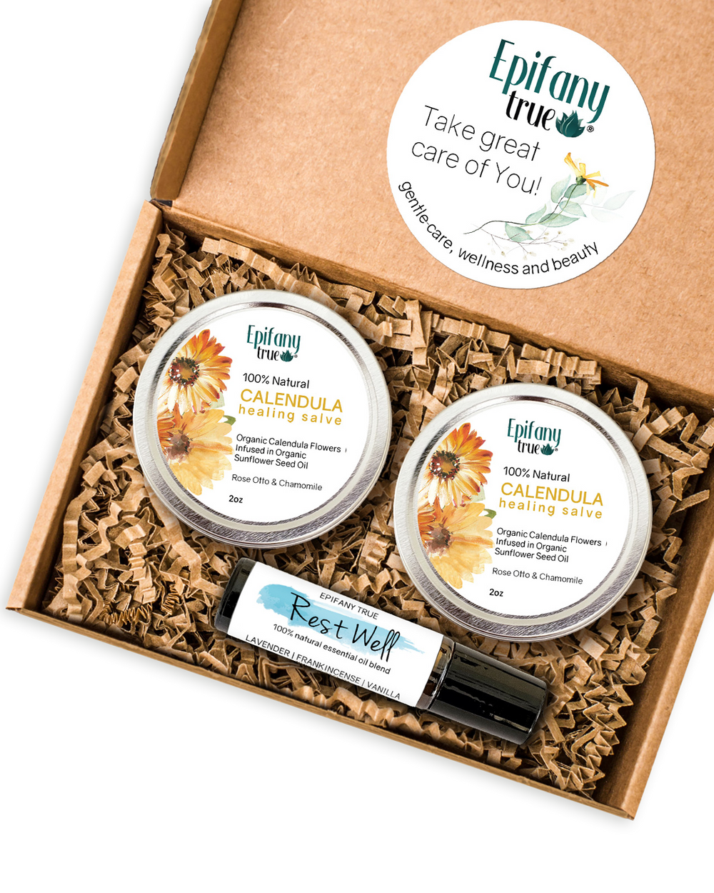 100% Natural Healing Calendula Salve 2oz and Rest Well Essential Oil Roll-on 0.33oz 3-Piece Gift Set