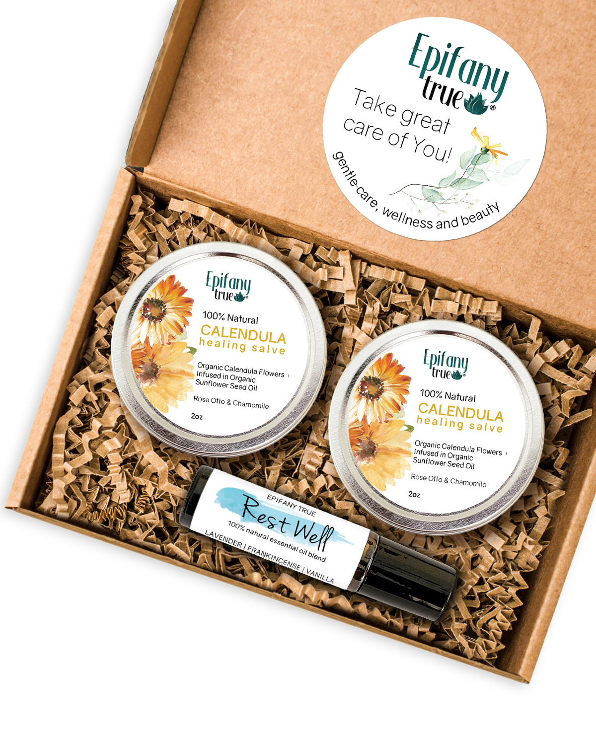 100% Natural Healing Calendula Salve 2oz and Rest Well Essential Oil Roll-on 0.33oz 3-Piece Gift Set