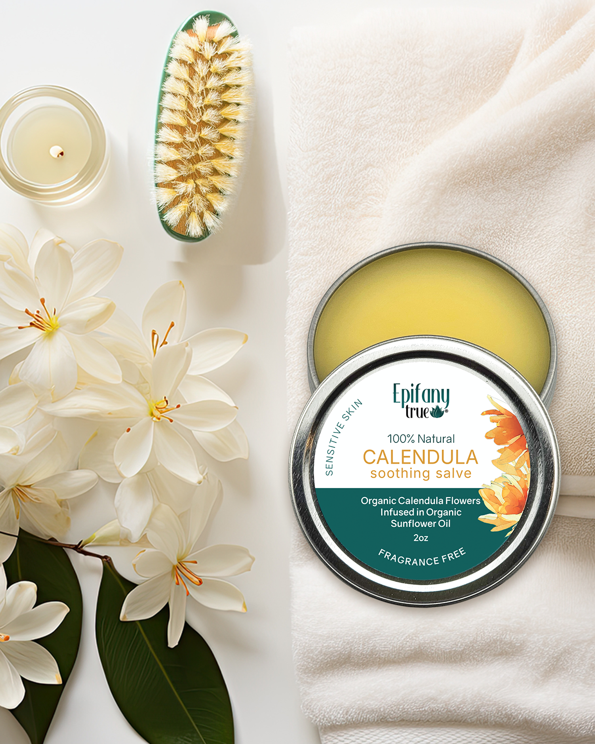 Epifany True Calendula Fragrance-Free Soothing Salve open on a counter.
