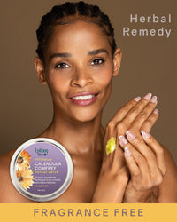 Epifany True Calendula Comfrey Herbal Salve 2oz Fragrance-Free. Lifestyle woman using salve