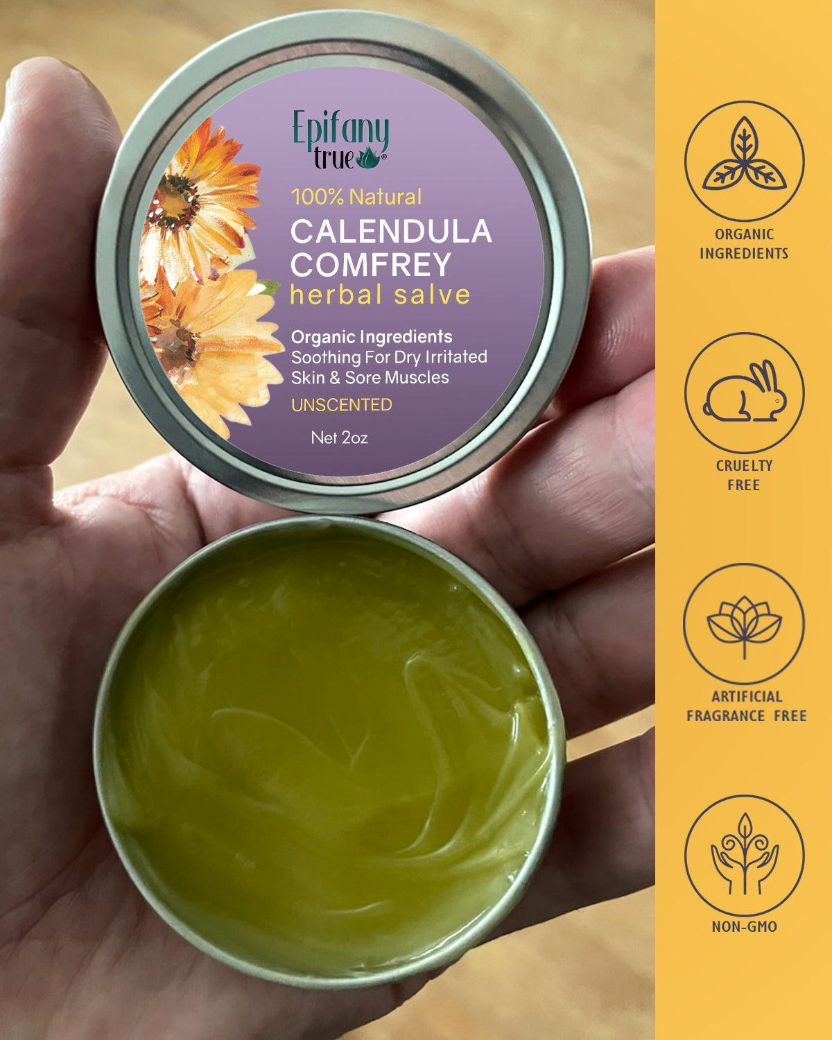 Epifany True Calendula Comfrey Herbal Salve 2oz lifestyle hand holding tin