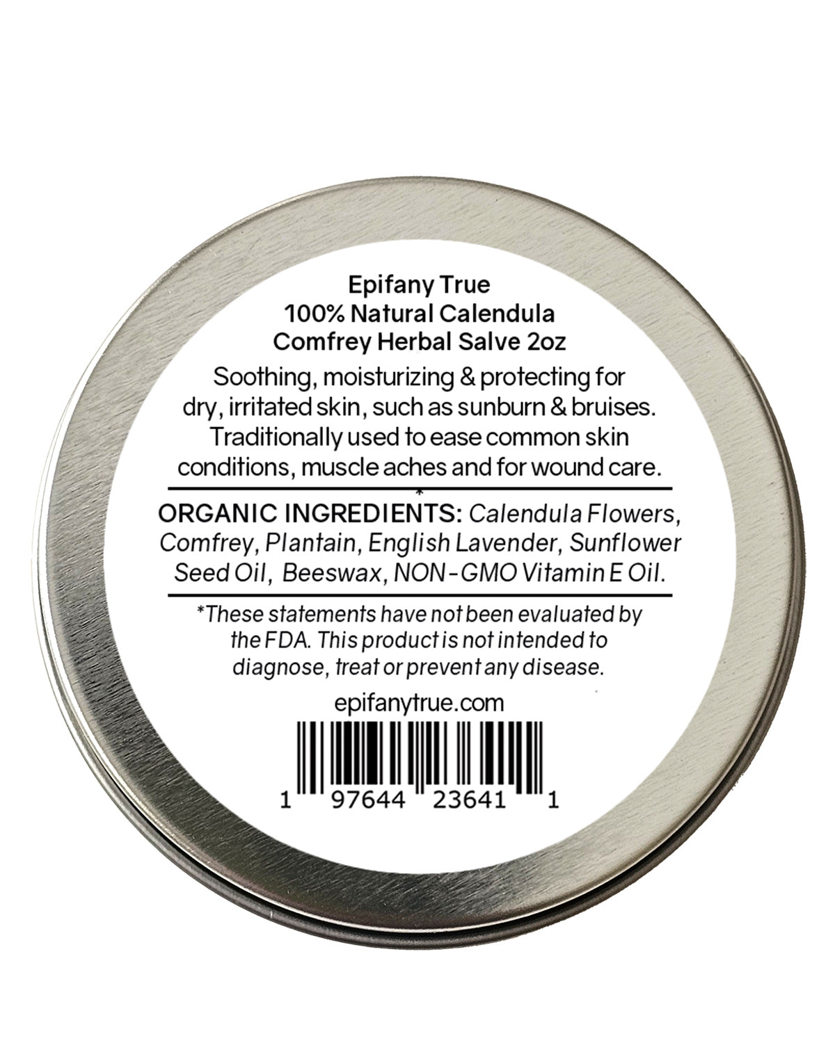 Epifany True Calendula Comfrey Herbal Salve 2oz Fragrance-Free. Back of product