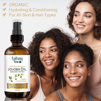 Epifany True Organic Cold Pressed Jojoba Oil is for all skin and hair types and nails. It is hydrating and conditioning.