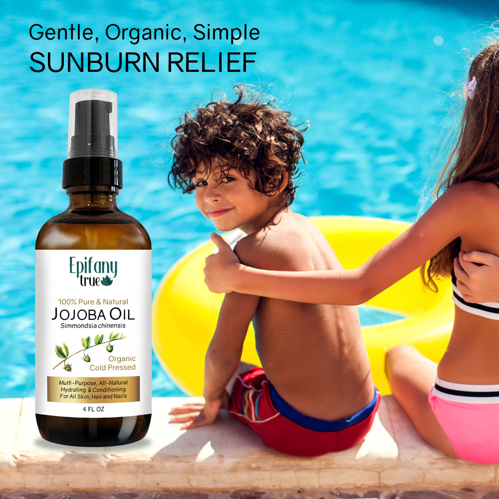 Epifany True Organic Cold Pressed Jojoba Oil is gentle simple and safe for sunburn relief.