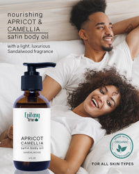Epifany True 100% Natural Apricot & Camellia Satin Body Oil 4oz young couple relaxing.