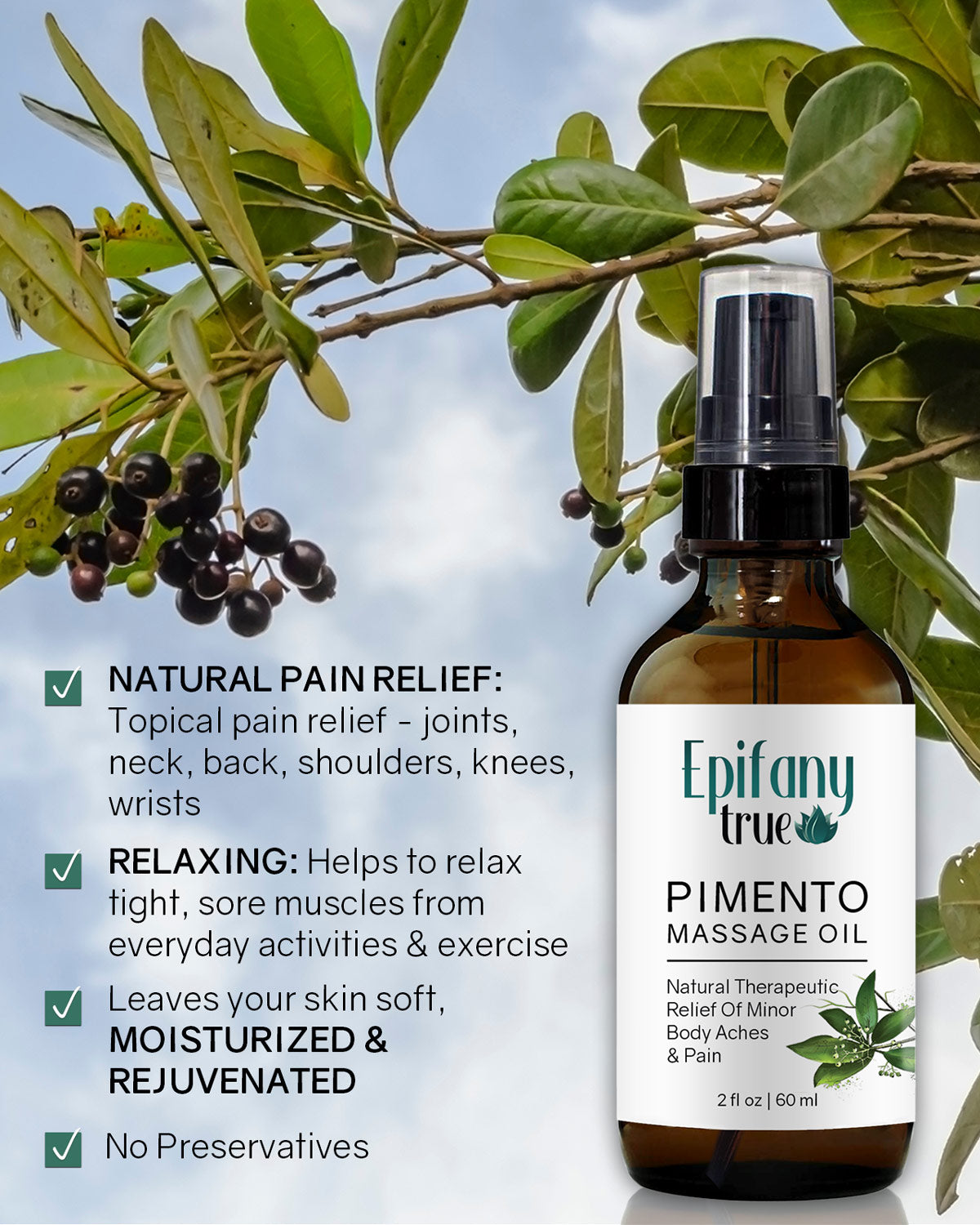 Epifany True Pimento Massage Oil is a natural therapeutic relief oil for minor aches and pain