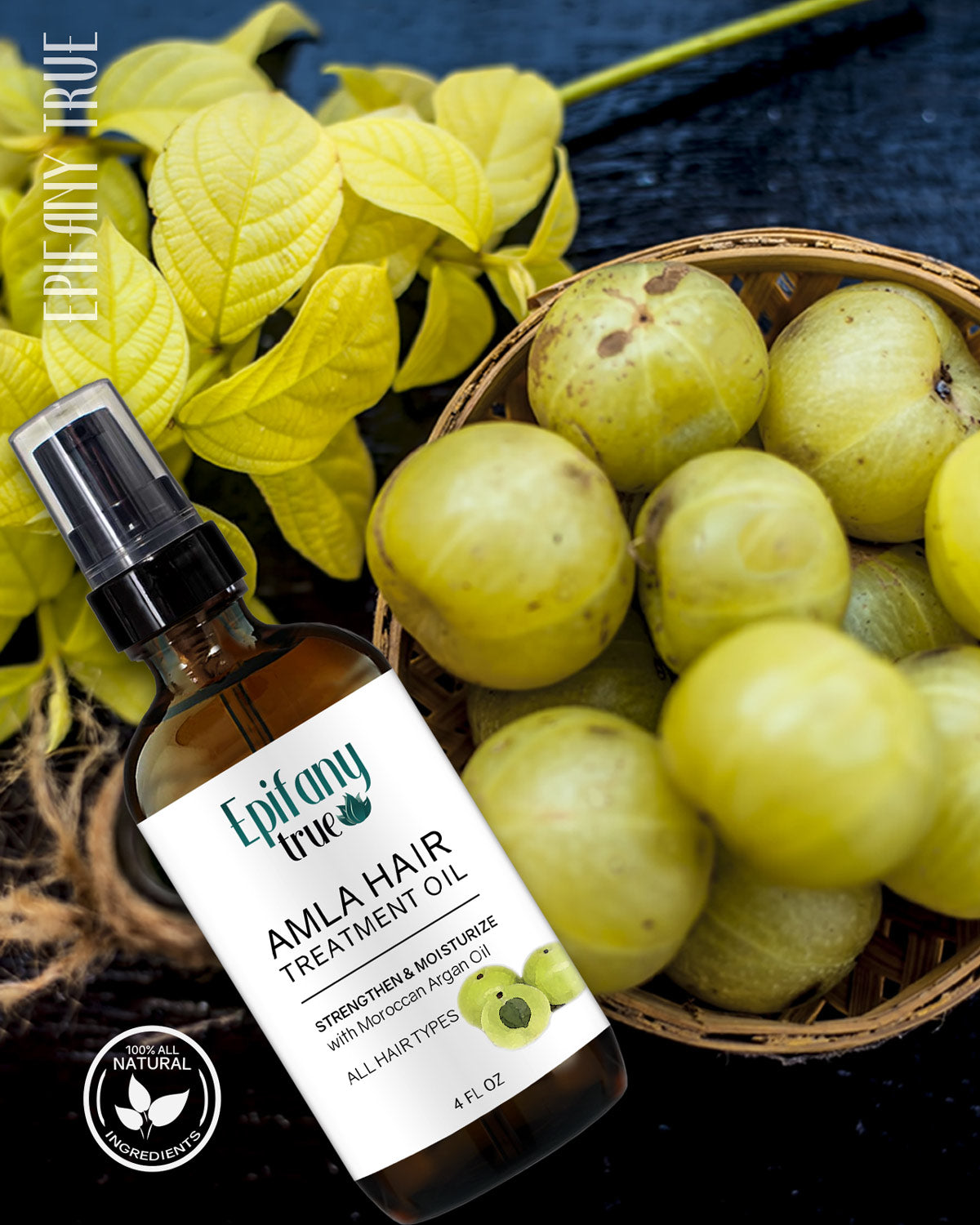 Epifany True Amla Hair Treatment Oil 4oz with natural amla fruit in a basket.