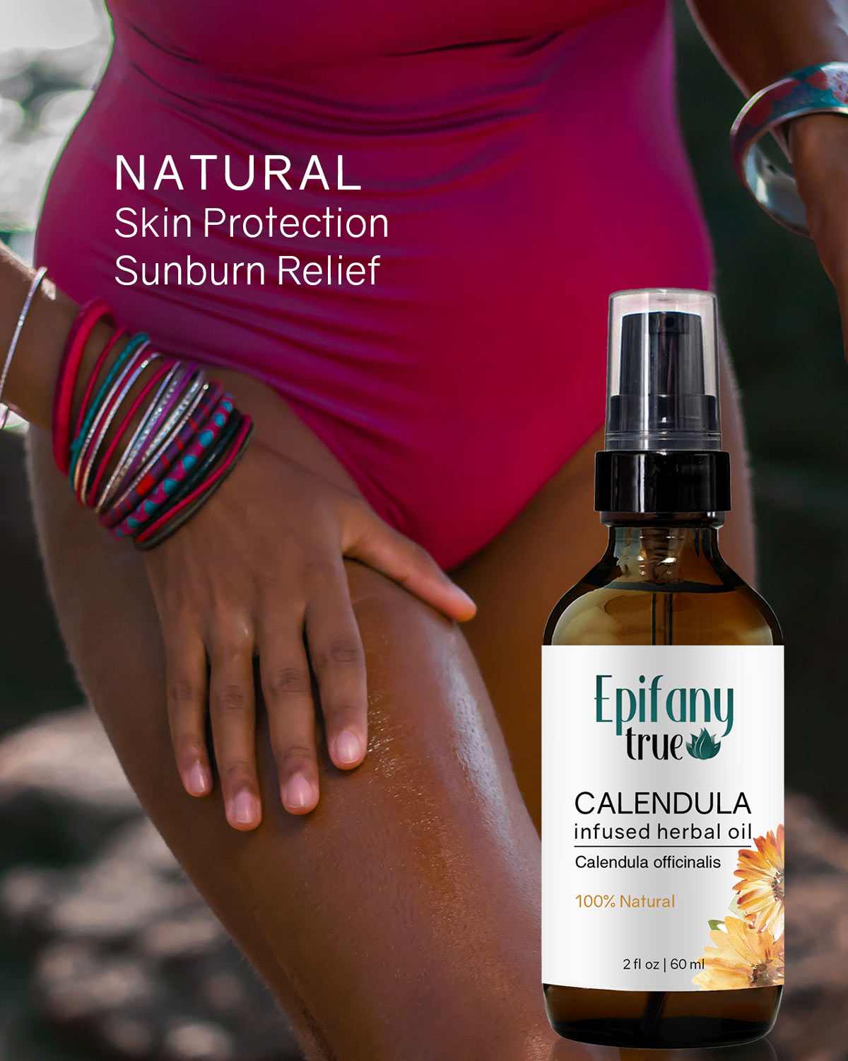 Epifany True Calendula Oil is natural for skin protection and sunburn relief.